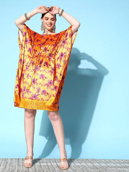 Orange Floral Velvet High Low Kaftan Dress