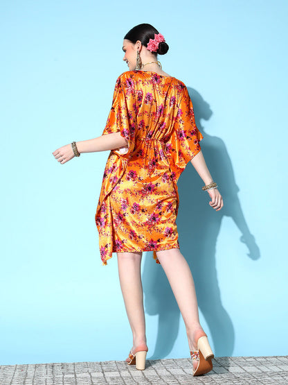 Orange Floral Velvet High Low Kaftan Dress