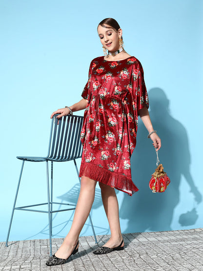 Women's Women Maroon Floral Velvet High Low Kaftan Dress in Velvet by Shae for wholesale, bulk, supplier, manufacturer and wholesaler buyers from Trendphoria