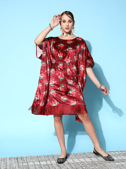 Maroon Floral Velvet High Low Kaftan Dress-Shae by SASSAFRAS