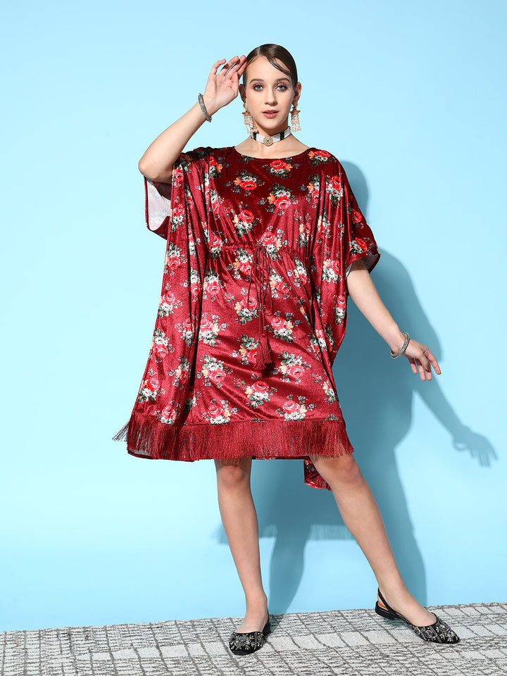Maroon Floral Velvet High Low Kaftan Dress-Shae by SASSAFRAS