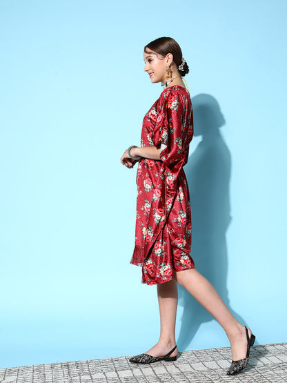 Maroon Floral Velvet High Low Kaftan Dress-Shae by SASSAFRAS