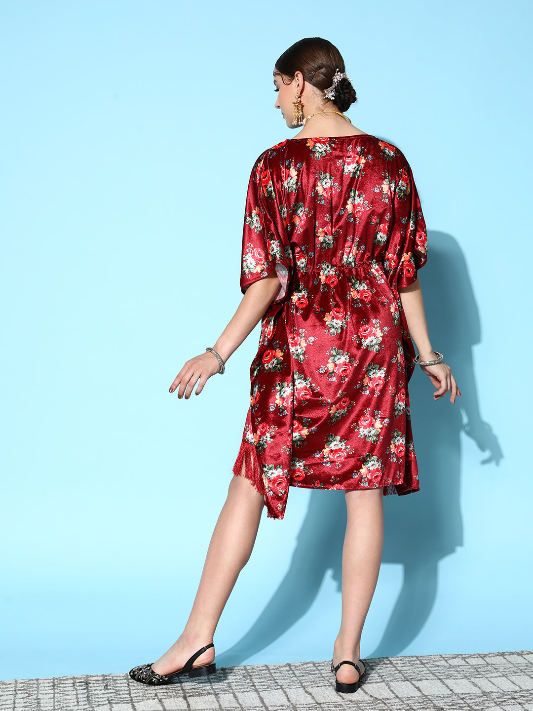 Maroon Floral Velvet High Low Kaftan Dress-Shae by SASSAFRAS