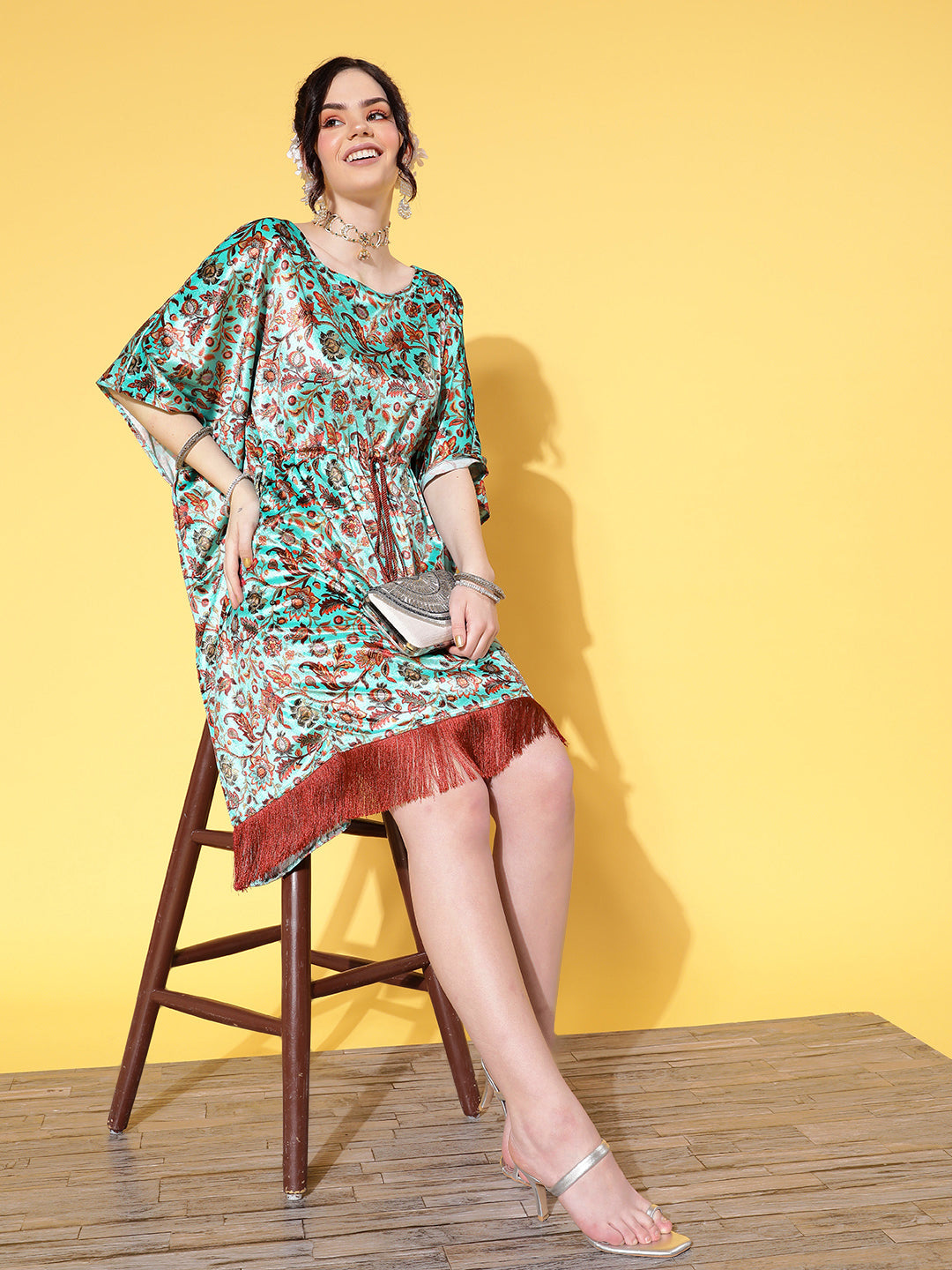 Sea Green Floral Velvet High Low Kaftan Dress