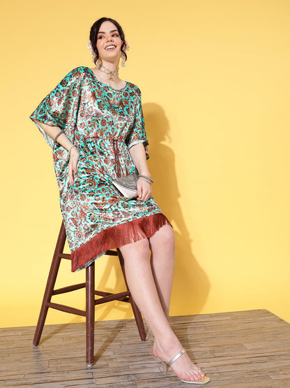 Sea Green Floral Velvet High Low Kaftan Dress