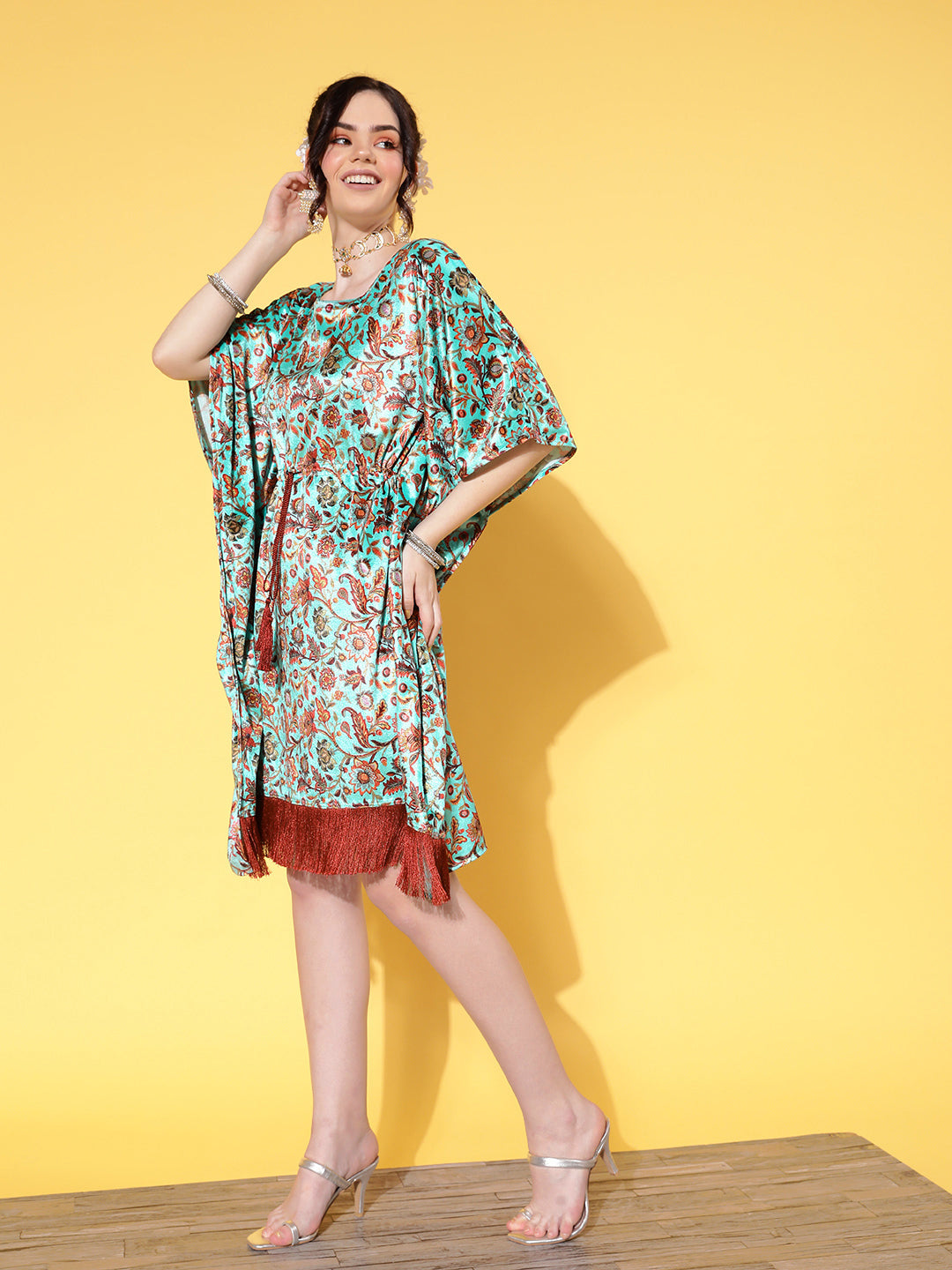 Sea Green Floral Velvet High Low Kaftan Dress