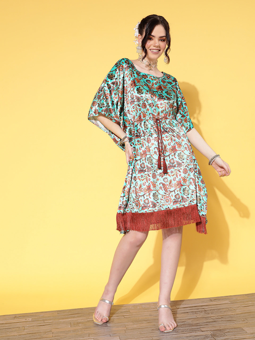 Sea Green Floral Velvet High Low Kaftan Dress