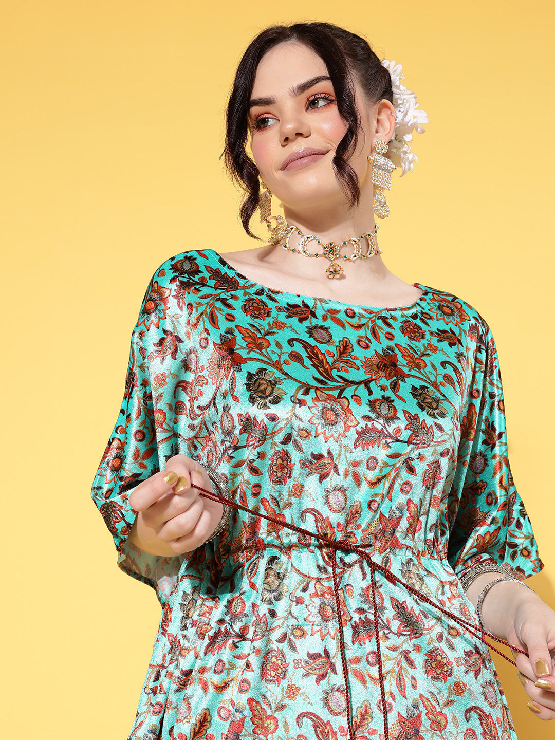 Sea Green Floral Velvet High Low Kaftan Dress