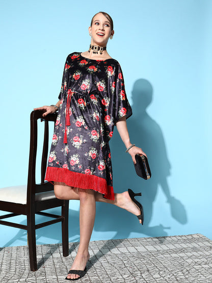 Women's Women Navy Floral Velvet High Low Kaftan Dress in Velvet by Shae for wholesale, bulk, supplier, manufacturer and wholesaler buyers from Trendphoria