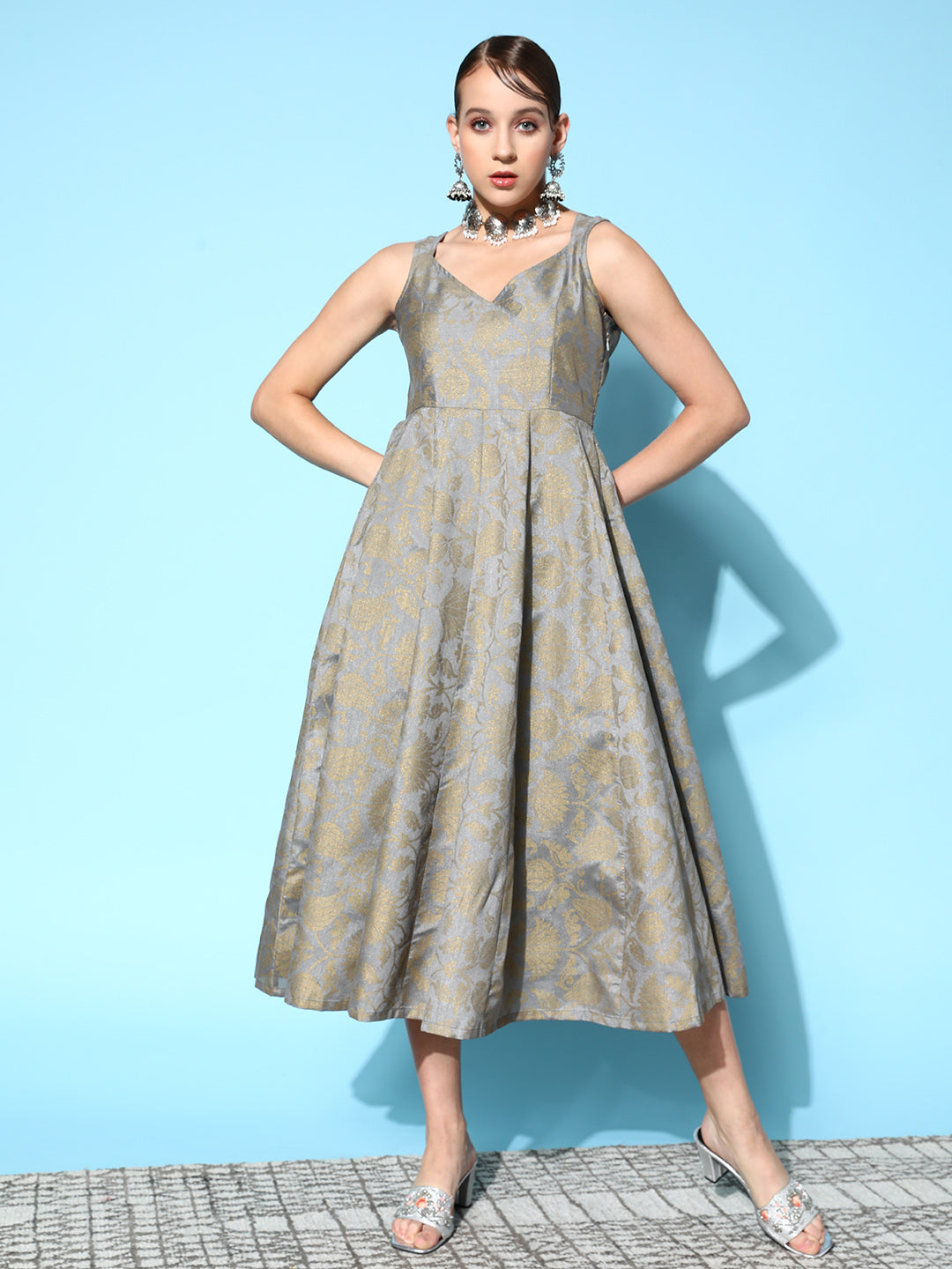 Grey Brocade Floral Sweetheart Anarkali Dress