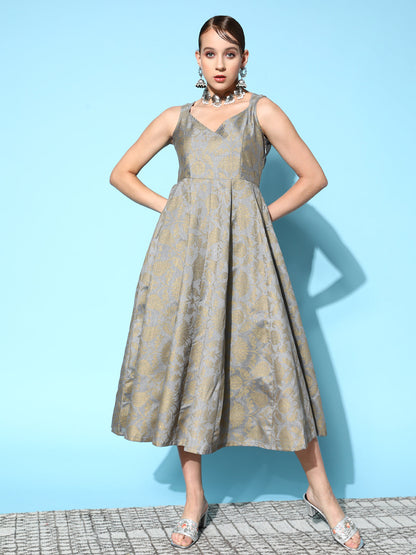 Grey Brocade Floral Sweetheart Anarkali Dress