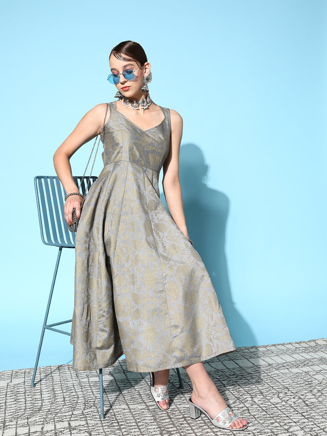 Grey Brocade Floral Sweetheart Anarkali Dress