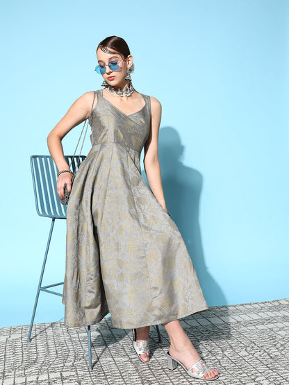Grey Brocade Floral Sweetheart Anarkali Dress