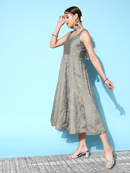Grey Brocade Floral Sweetheart Anarkali Dress