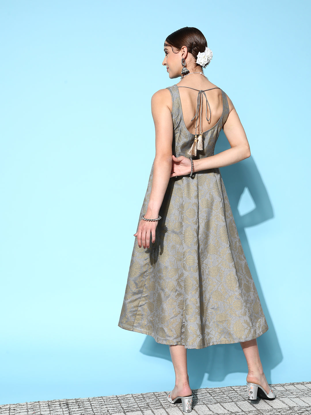 Grey Brocade Floral Sweetheart Anarkali Dress