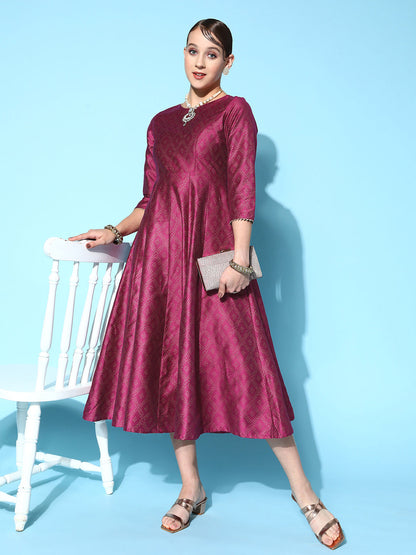 Burgundy Cotton Silk Foil Anarkali Dress