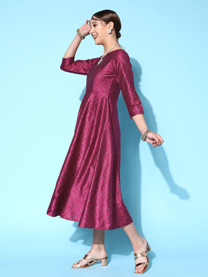 Burgundy Cotton Silk Foil Anarkali Dress