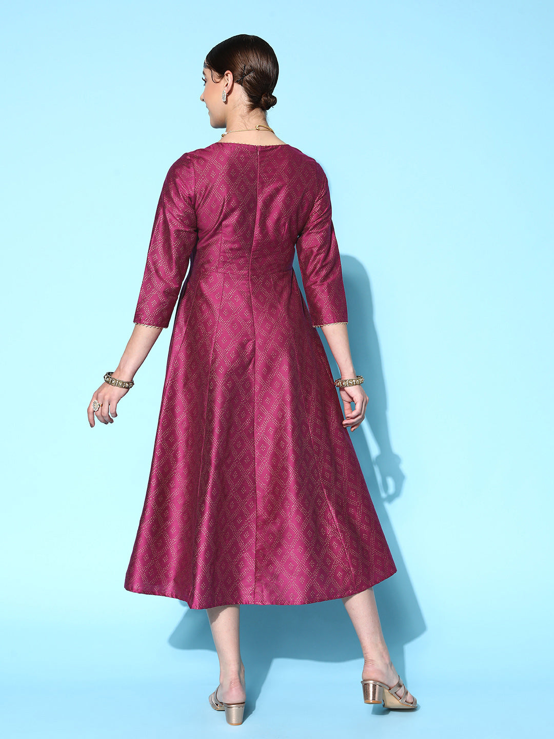 Burgundy Cotton Silk Foil Anarkali Dress