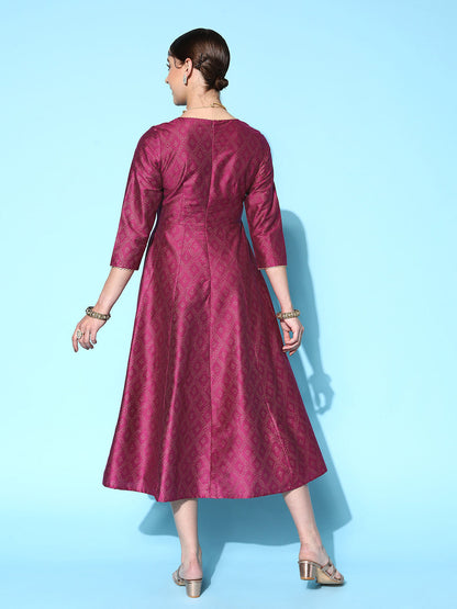 Burgundy Cotton Silk Foil Anarkali Dress
