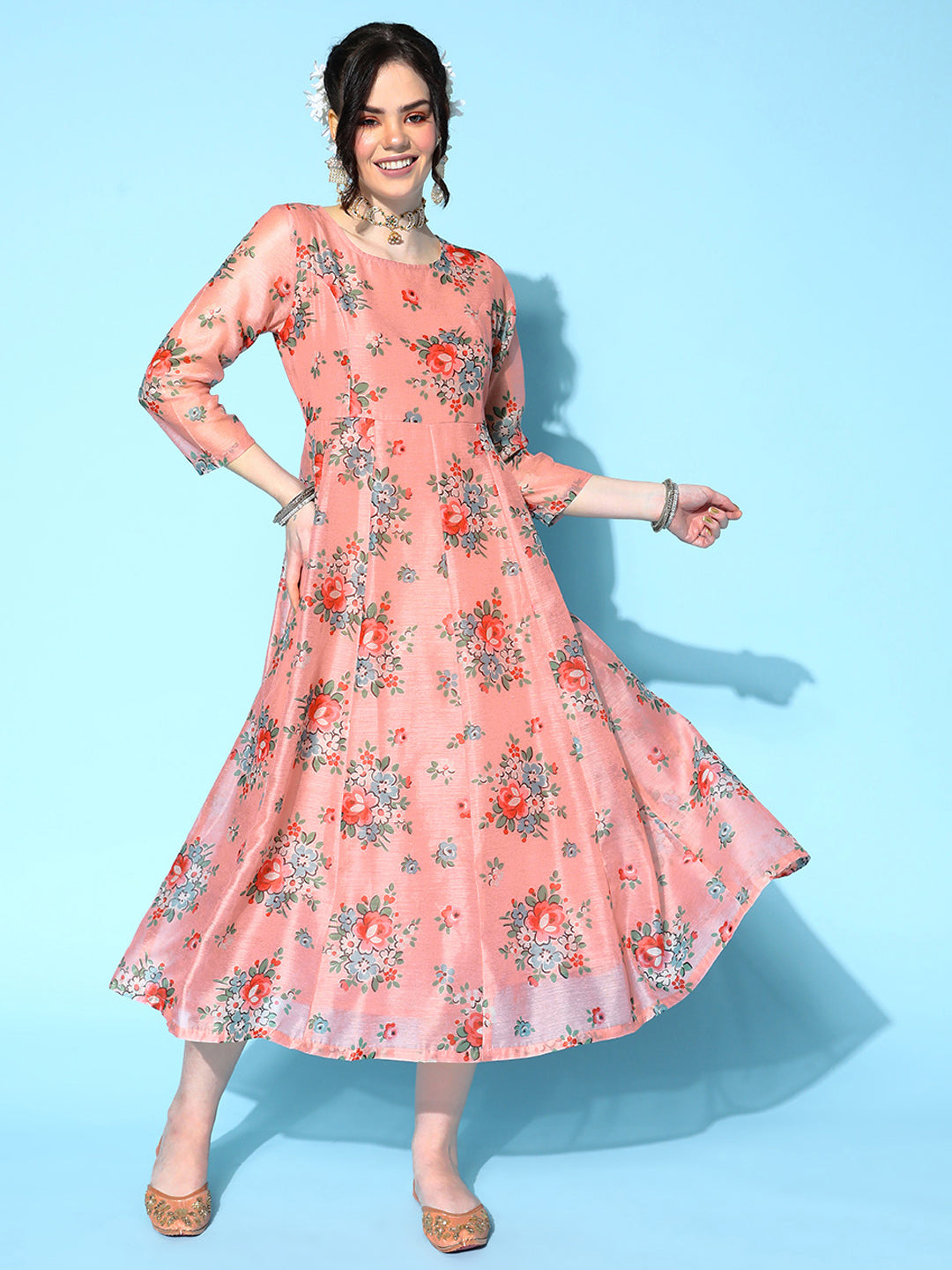 Peach Floral Anarkali Maxi Dress