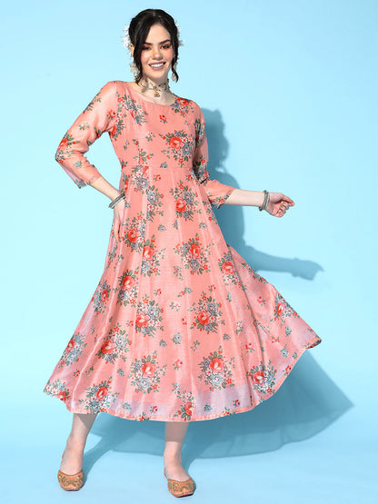 Peach Floral Anarkali Maxi Dress