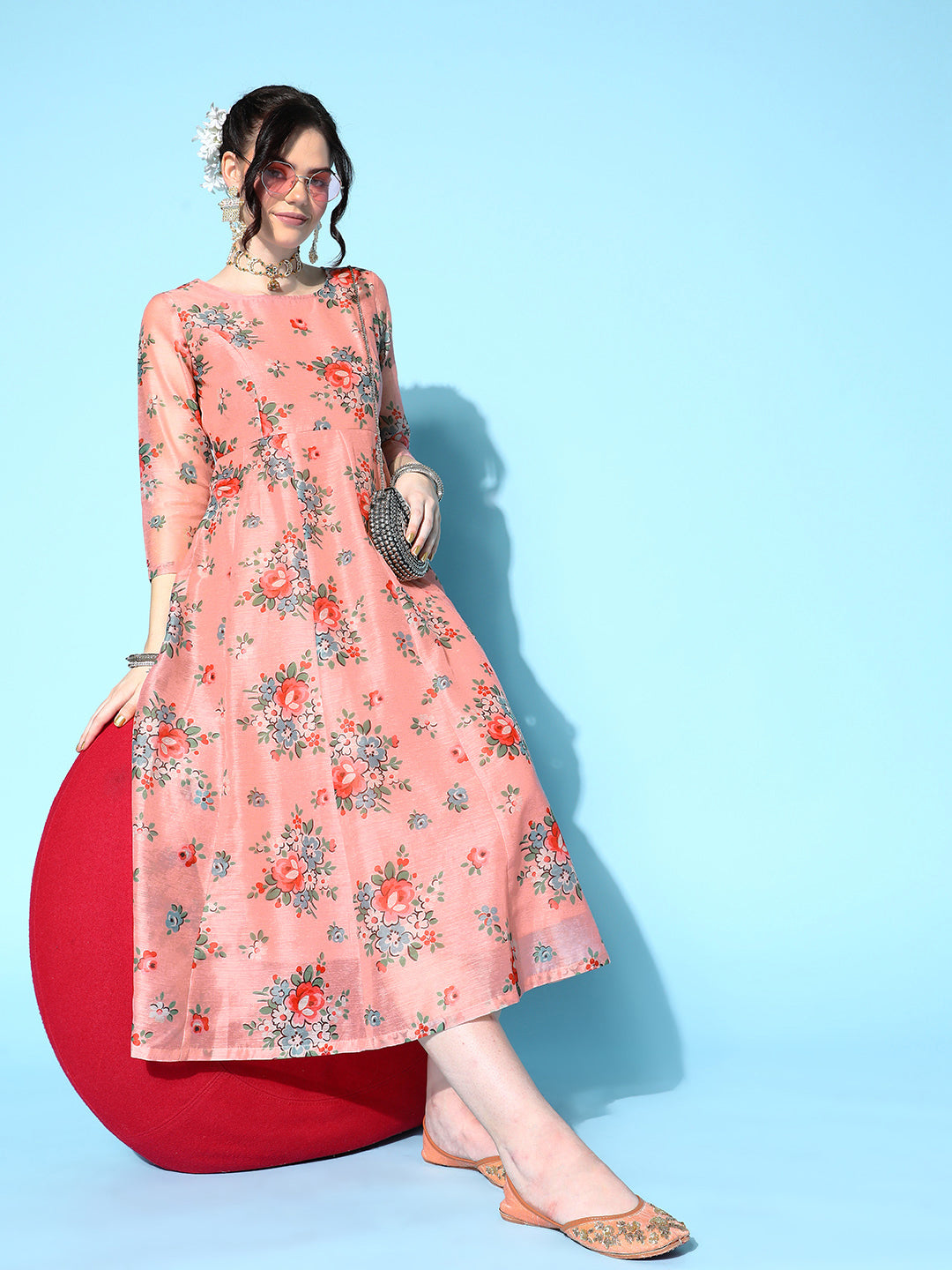 Peach Floral Anarkali Maxi Dress