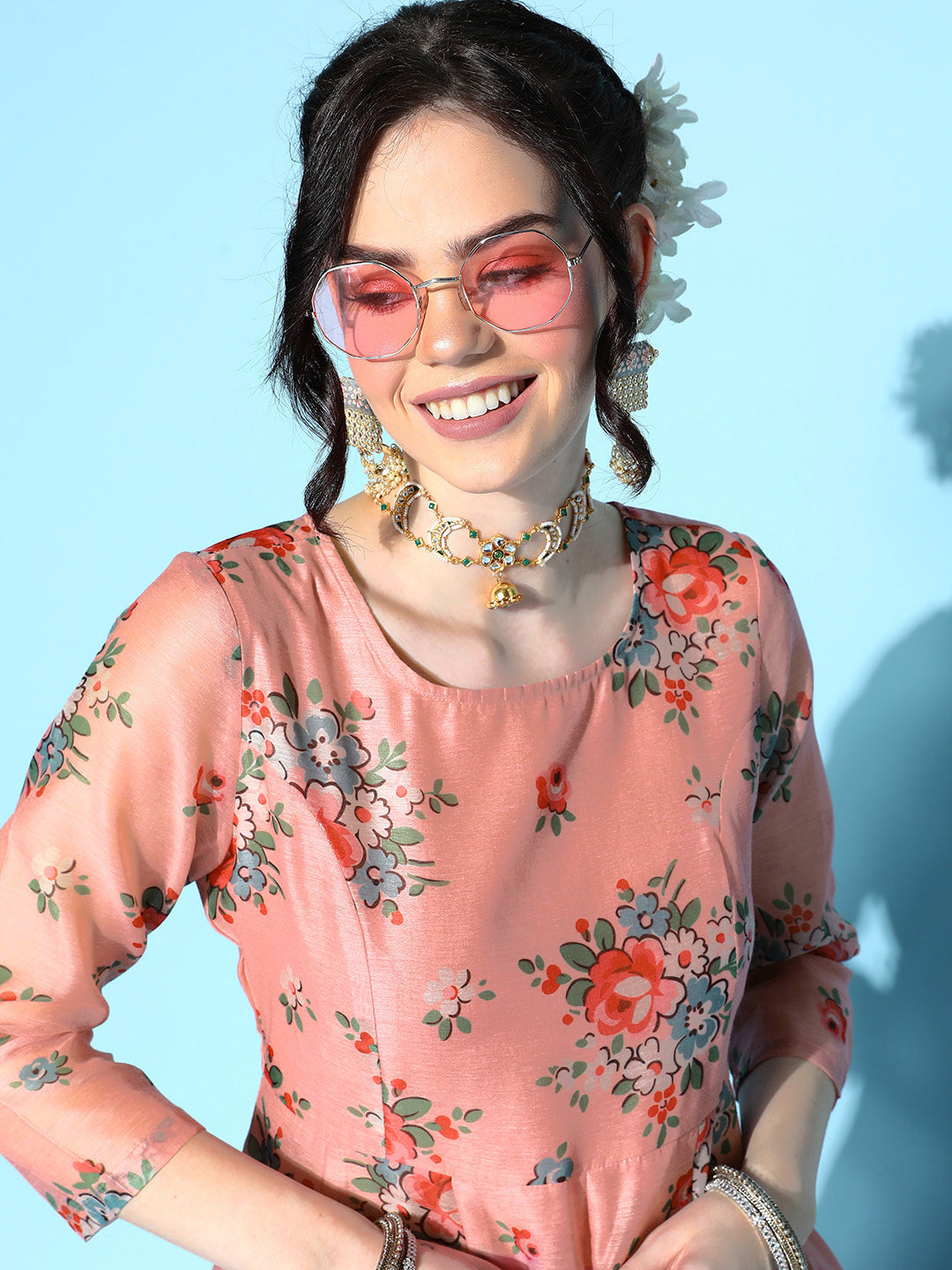 Peach Floral Anarkali Maxi Dress