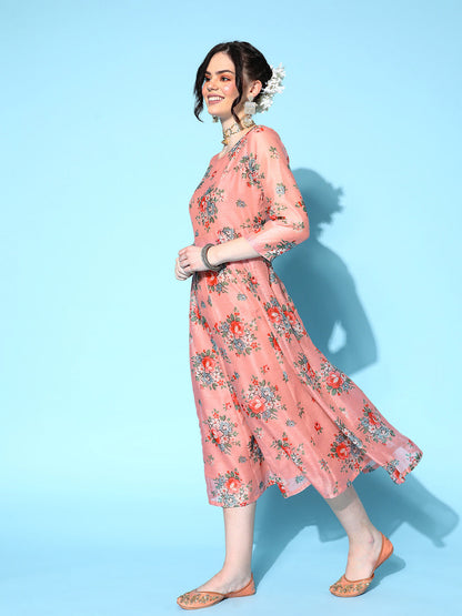 Peach Floral Anarkali Maxi Dress