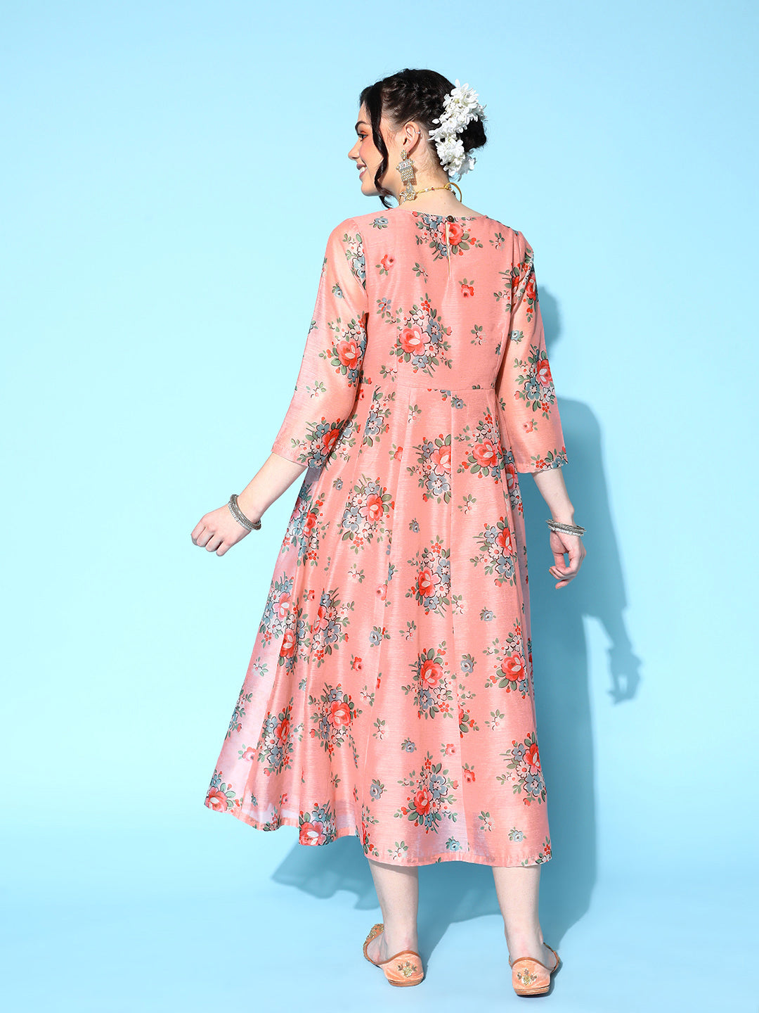 Peach Floral Anarkali Maxi Dress