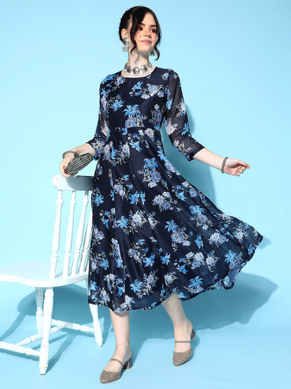 Navy Floral Anarkali Maxi Dress