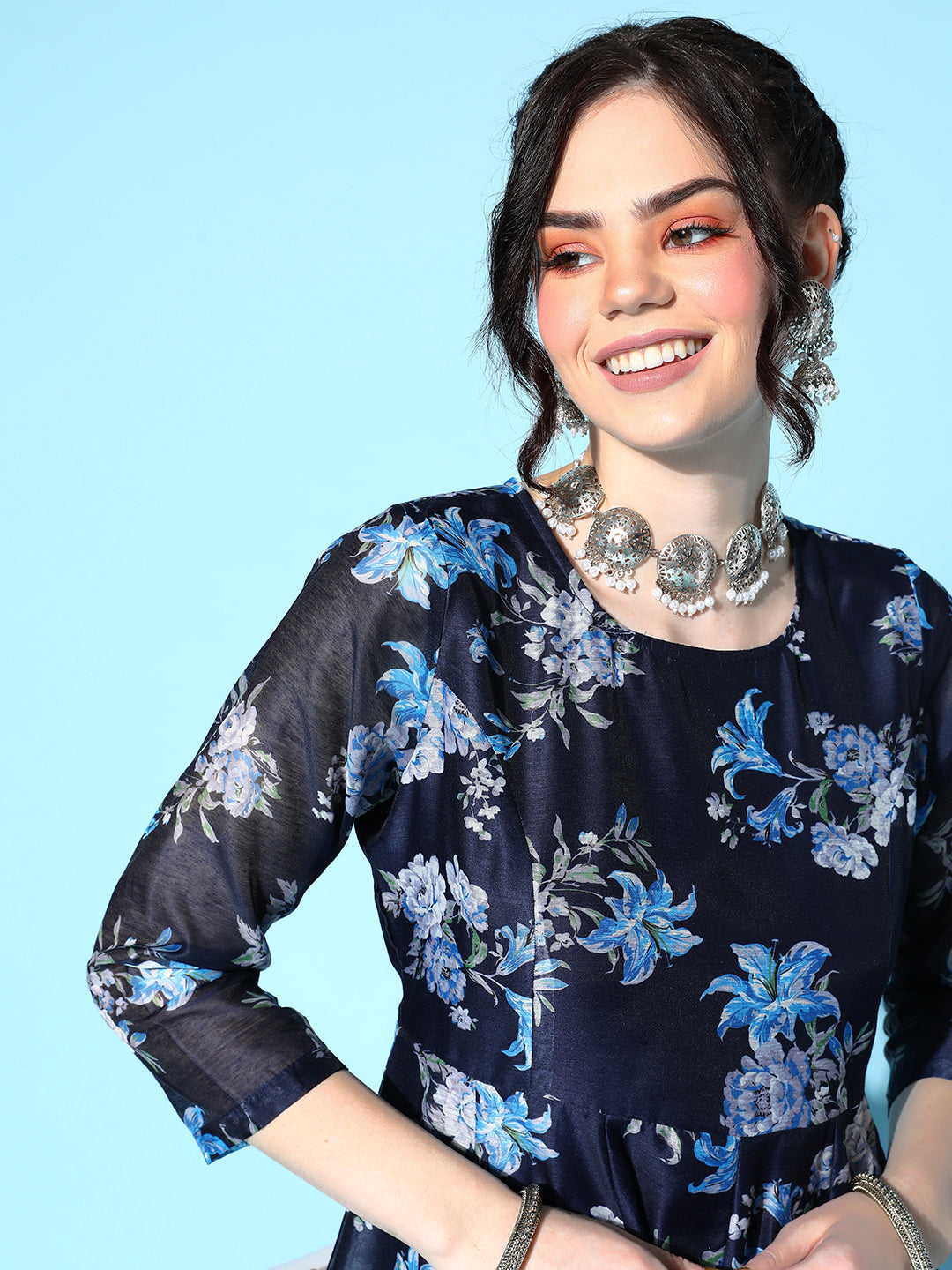 Navy Floral Anarkali Maxi Dress