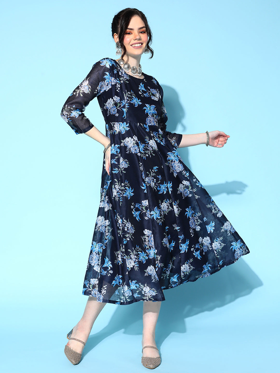 Navy Floral Anarkali Maxi Dress