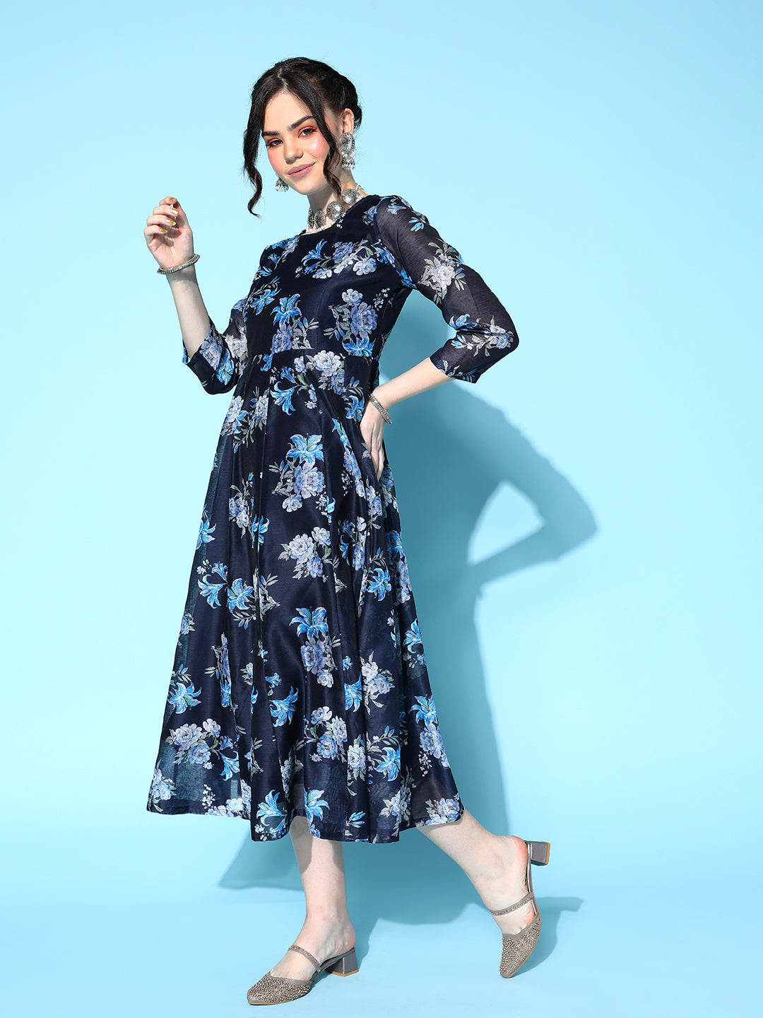 Navy Floral Anarkali Maxi Dress