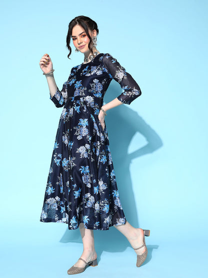 Navy Floral Anarkali Maxi Dress