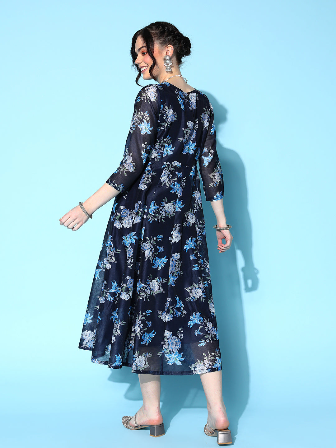Navy Floral Anarkali Maxi Dress