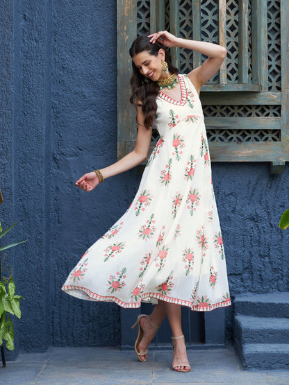Off White Floral Slant Empire Seam Maxi Dress