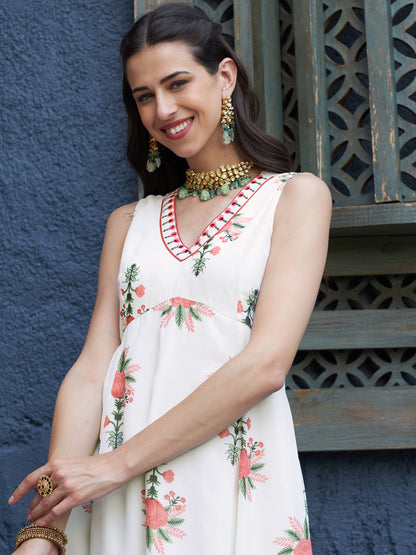 Off White Floral Slant Empire Seam Maxi Dress