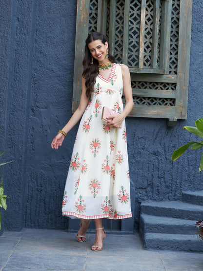Off White Floral Slant Empire Seam Maxi Dress