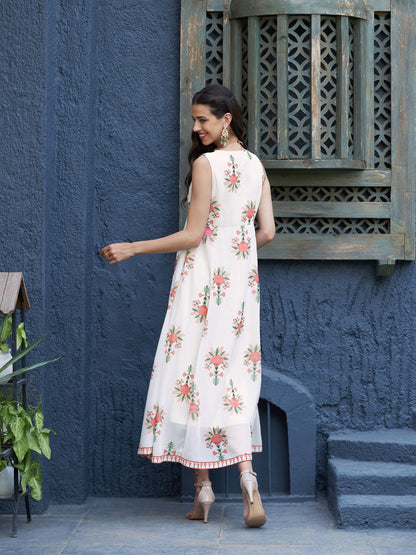 Off White Floral Slant Empire Seam Maxi Dress