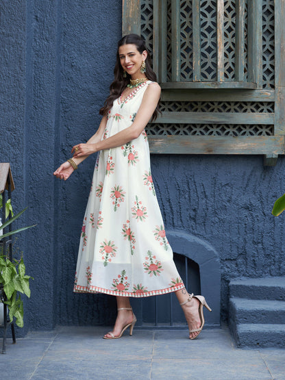 Off White Floral Slant Empire Seam Maxi Dress