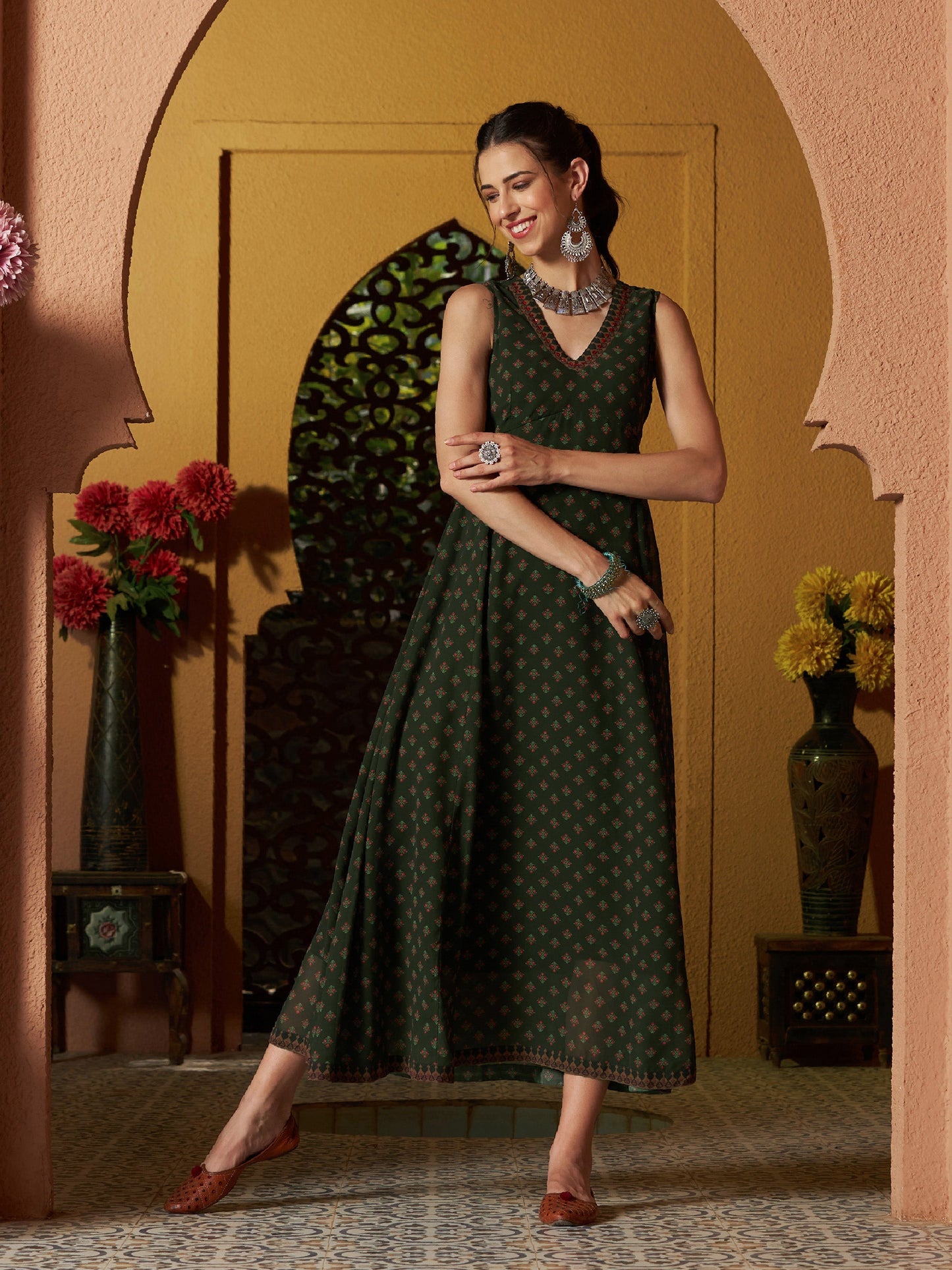 Green Floral Slant Empire Seam Maxi Dress