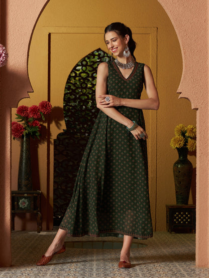 Green Floral Slant Empire Seam Maxi Dress