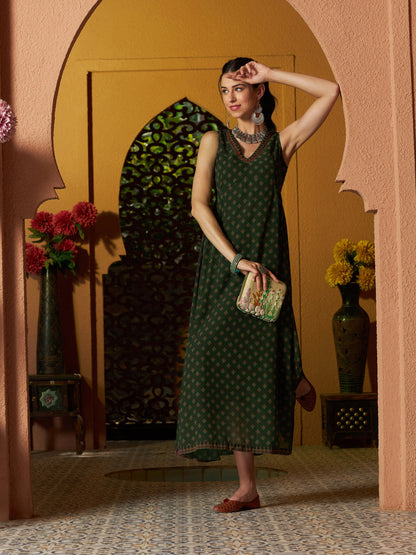 Green Floral Slant Empire Seam Maxi Dress