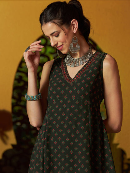 Green Floral Slant Empire Seam Maxi Dress