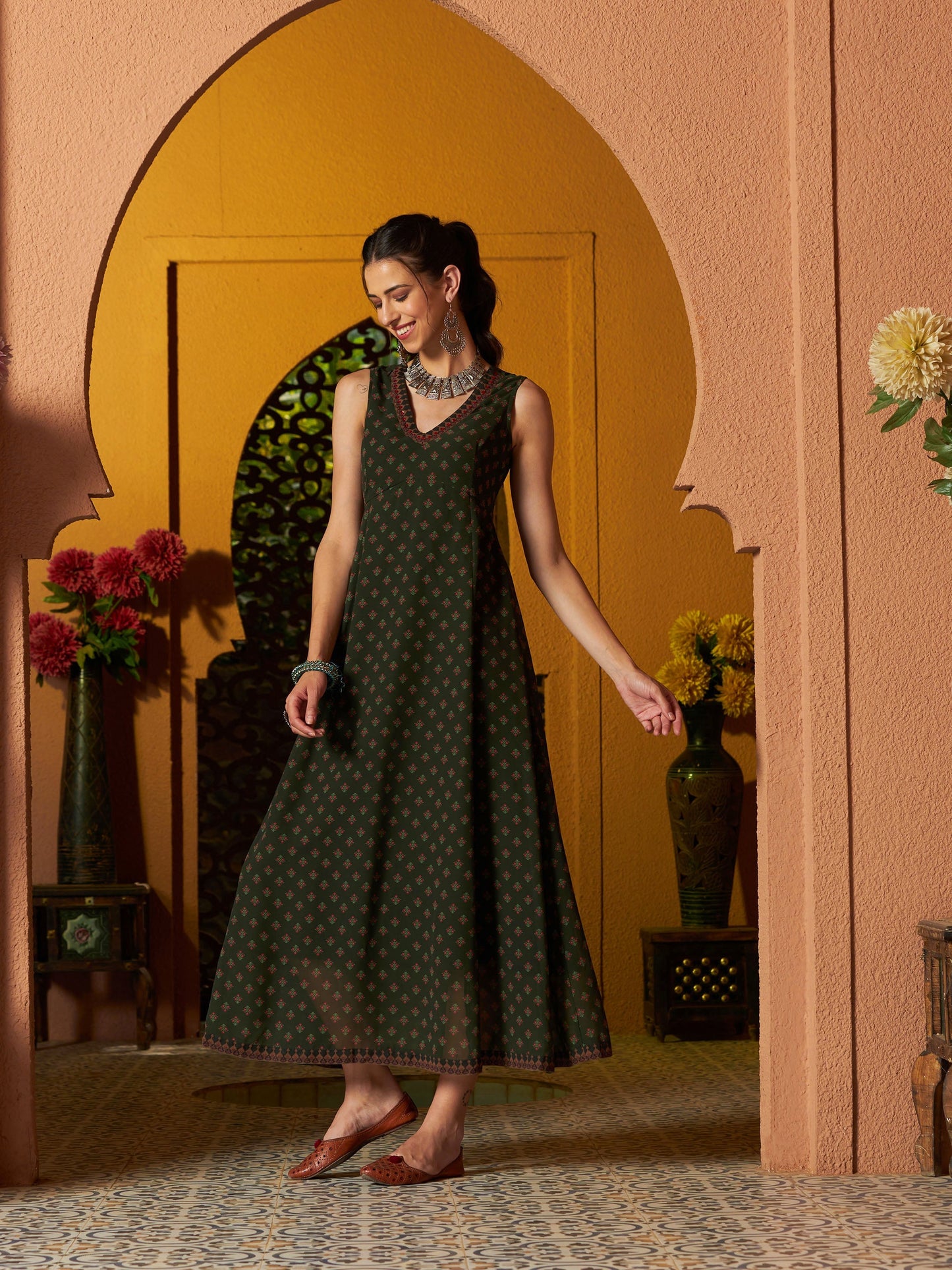 Green Floral Slant Empire Seam Maxi Dress