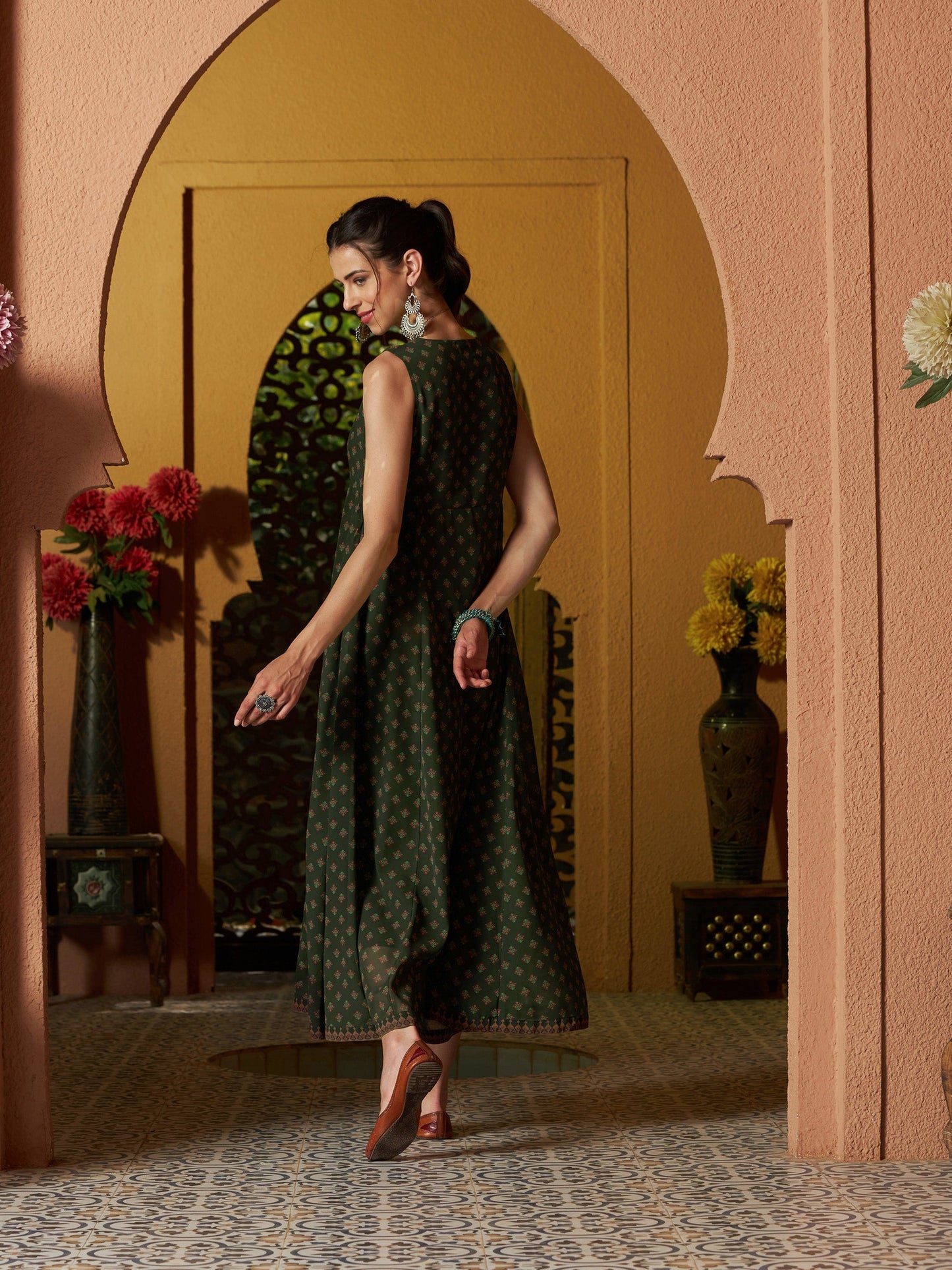 Green Floral Slant Empire Seam Maxi Dress