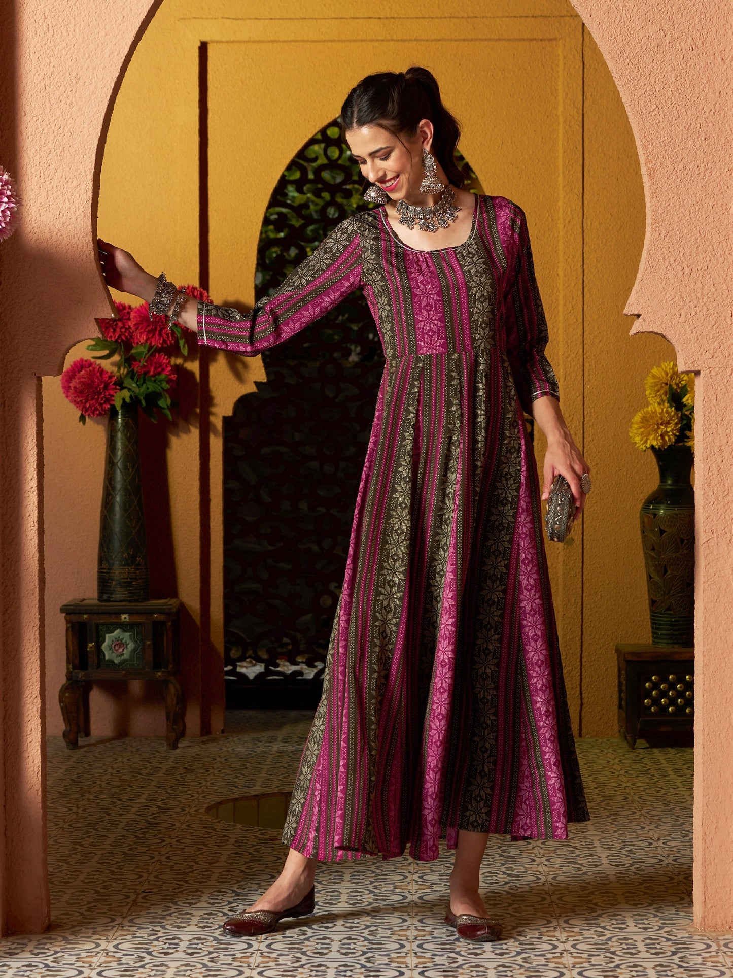 Maroon Geometric Floral Anarkali Maxi Dress