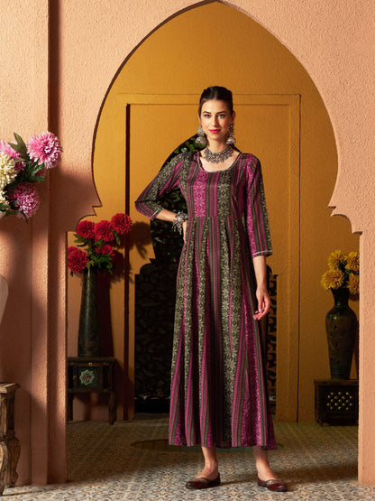 Maroon Geometric Floral Anarkali Maxi Dress