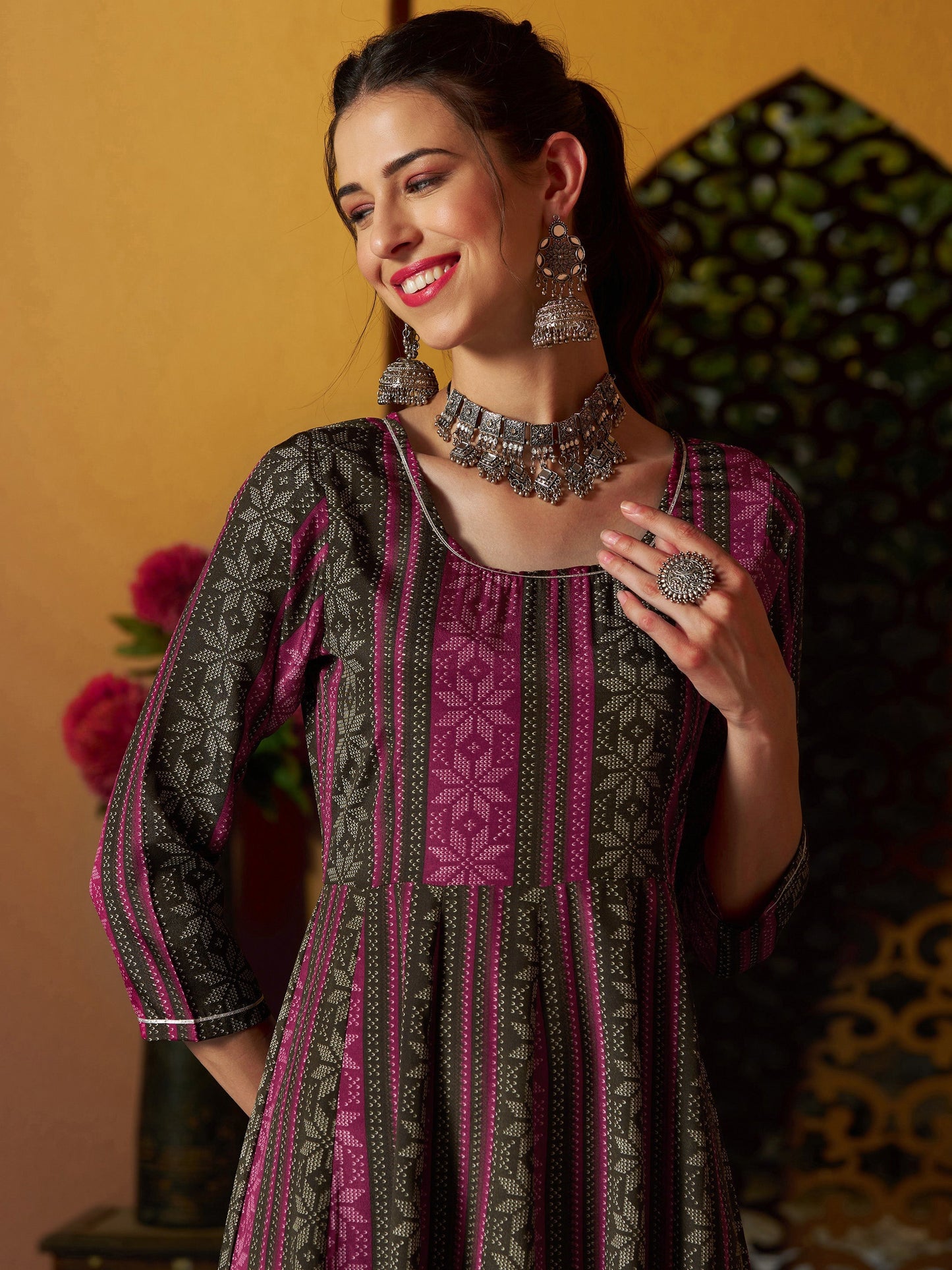 Maroon Geometric Floral Anarkali Maxi Dress