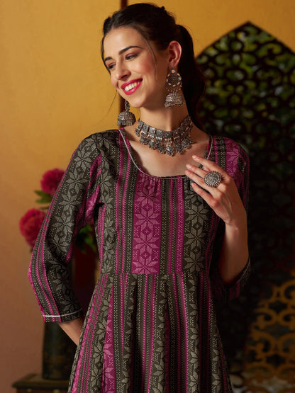 Maroon Geometric Floral Anarkali Maxi Dress